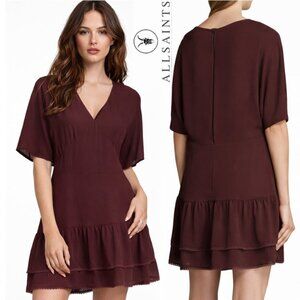AllSaints Marley Tiered Burgundy Mini Dress V-Neck Flowy Boho Size 4